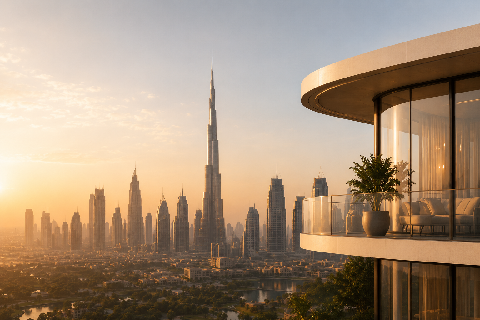 Sunset view of the Dubai skyline and Burj Khalifa from a residential balcony