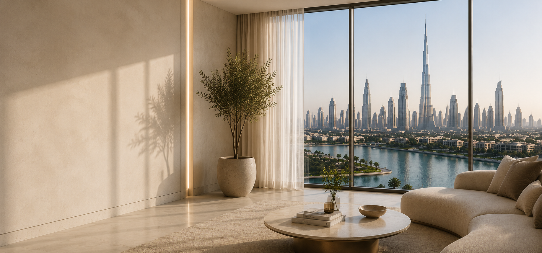 Living room interior with a view of the Burj Khalifa and Downtown Dubai skyline