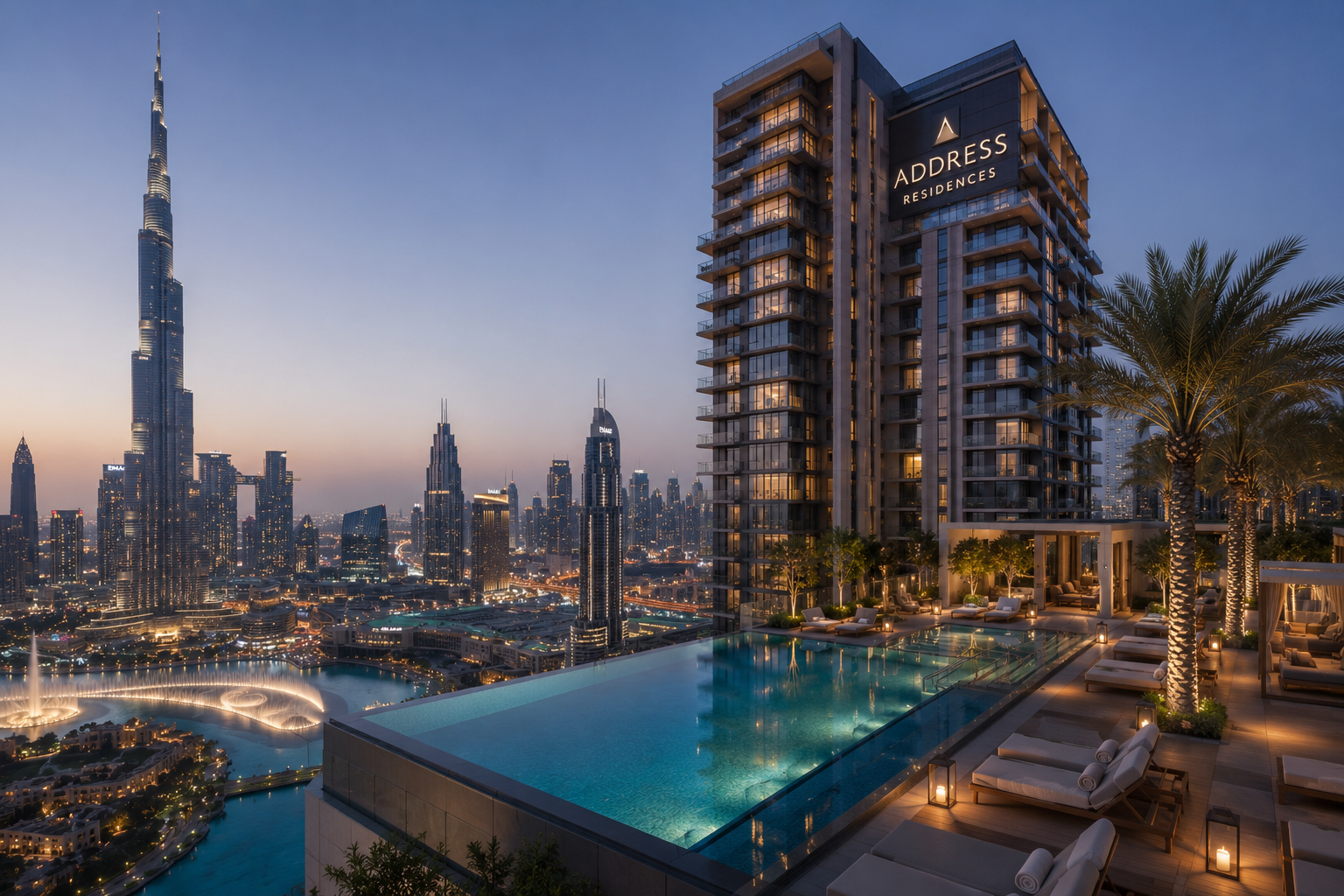 Sunset view of the Dubai skyline and Burj Khalifa from a residential balcony