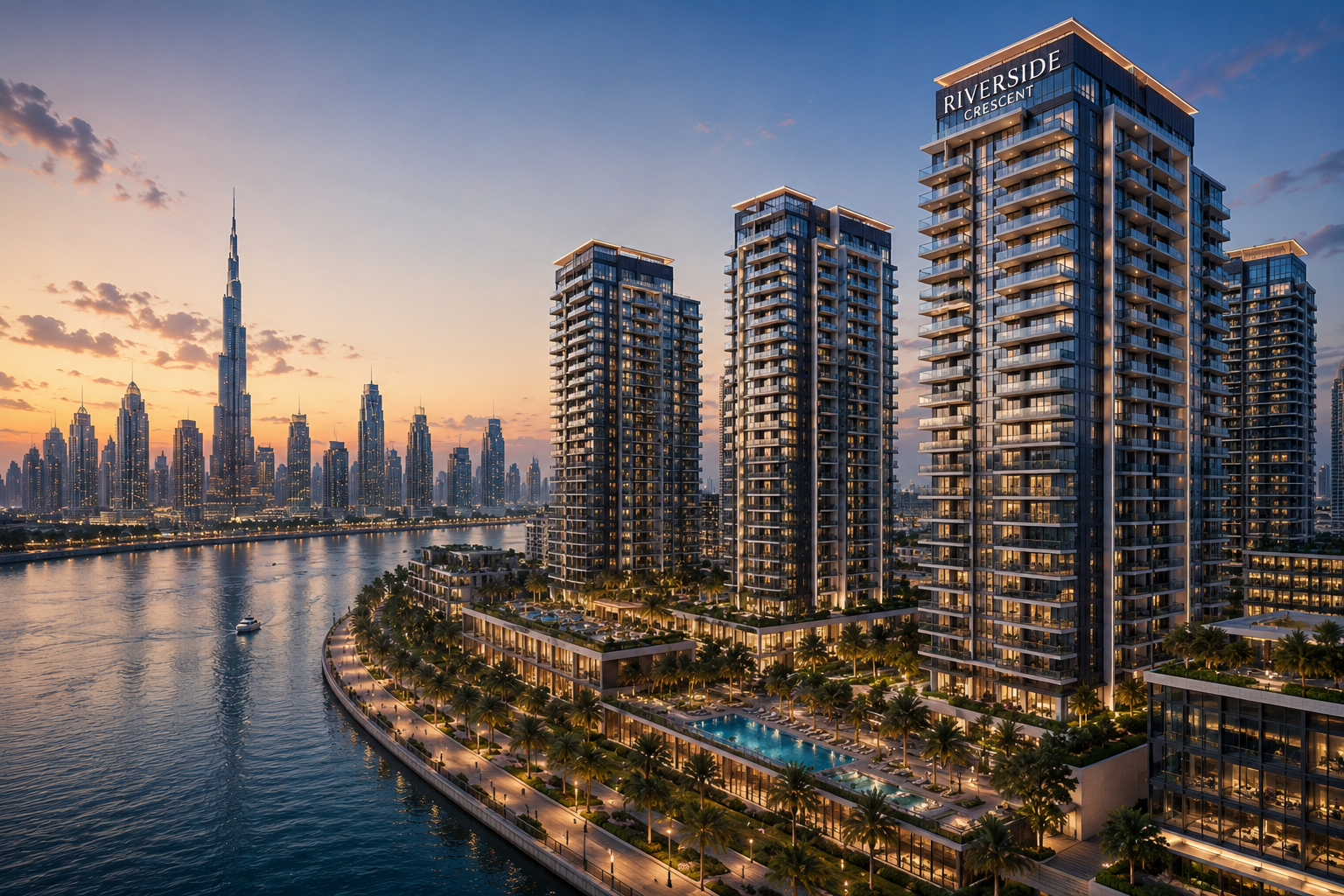 Sunset view of the Dubai skyline and Burj Khalifa from a residential balcony